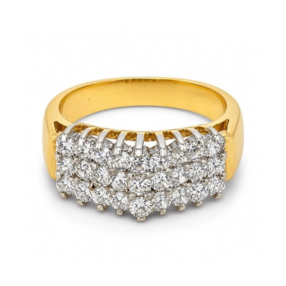 Vintage 1980s Ring Size 6 CZ Cluster Three Row Prong Set Gold Plated - 14M